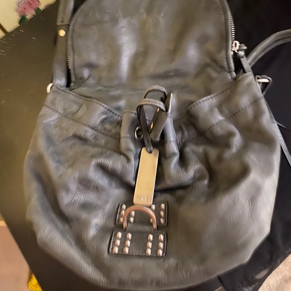 Gray leather shoulder bag